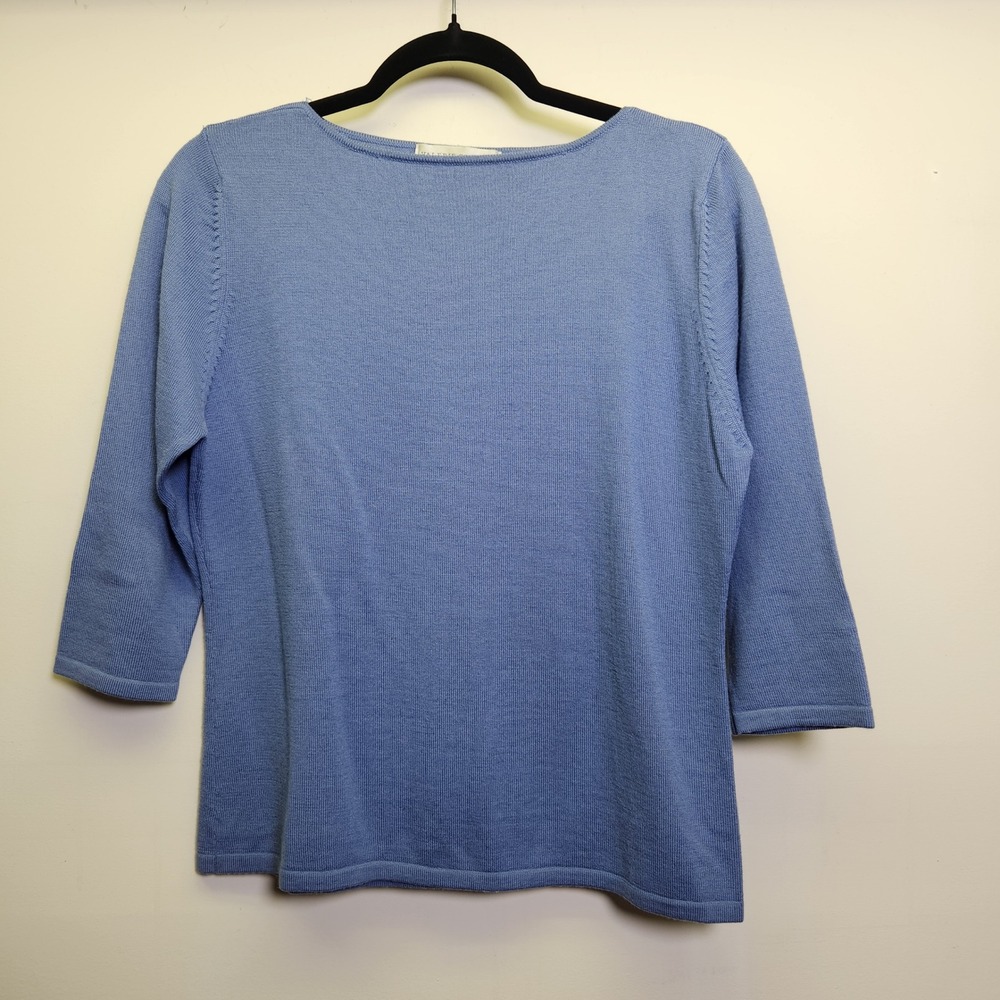 Vtg Valerie Stevens Extra Fine Merino Wool Sweater Med Boatneck 3/4 Sleeves Blue